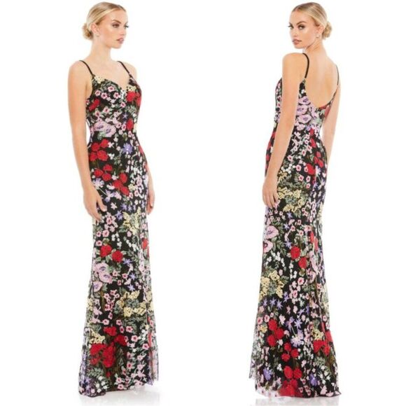 Mac Duggal Size 6 Black Floral Embroidery Sweetheart Neck Long Maxi Gown Dress - Picture 7 of 7
